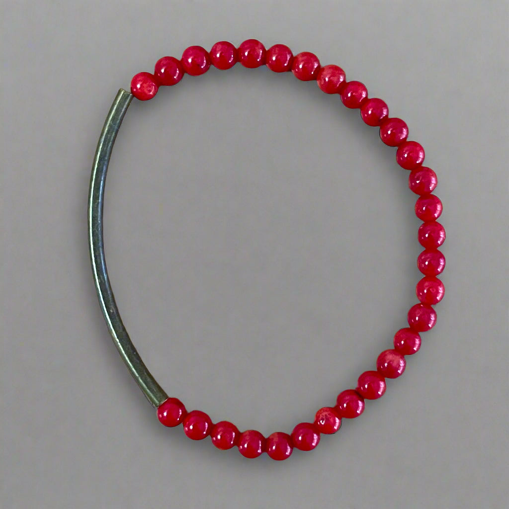 Red Bamboo Coral 4mm Brass Tube Bracelet
